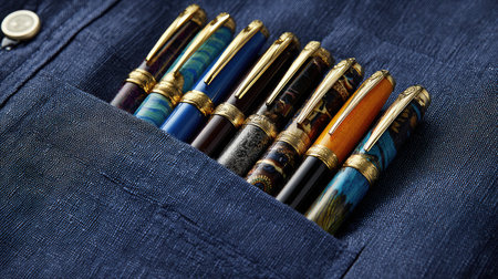 Multiple pens organized inside a tailored shirt pocket with visible seams and fabric linesの素材