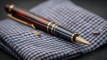 Vintage-style pen in a checkered shirt pocket, surrounded by subtle folds and natural shadowsの素材
