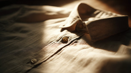 Neutral-toned shirt with a clipped pen casting soft shadows under gentle lightingの素材