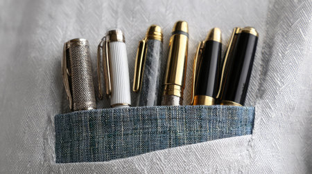 Multiple pens organized inside a tailored shirt pocket with visible seams and fabric linesの素材