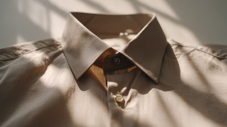 Neutral-toned shirt with a clipped pen casting soft shadows under gentle lightingの素材