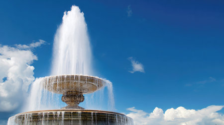 Low-angle view of a powerful fountain jet rising against a deep blue skyの素材