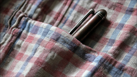 Vintage-style pen in a checkered shirt pocket, surrounded by subtle folds and natural shadowsの素材