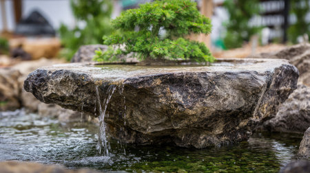 Ornamental rock fountain in a Japanese-style garden with trickling waterの素材