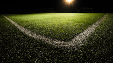 Vignette view of a stadium corner with angled light forming natural spotlight on the turfの素材