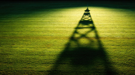 Silhouetted goalpost casting long shadow on turf bathed in sunlightの素材