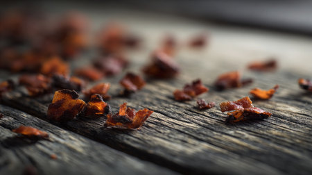 Bacon bits scattered over a wood surface with intense focus on texture and crunchの素材