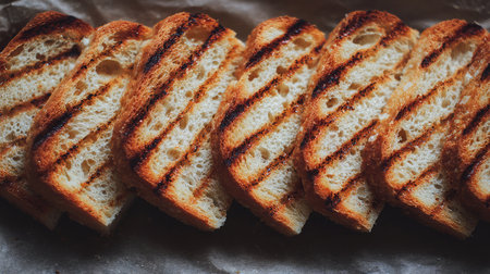 Lightly toasted bread slices lined up on parchment with visible grill marksの素材