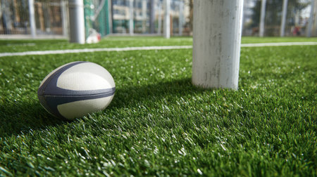 A high-angle view of a rugby ball lying on artificial turf with a goal post in distanceの素材