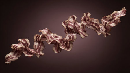 Artistic presentation of bacon curls shot from above with soft shadows and oil gleamの素材