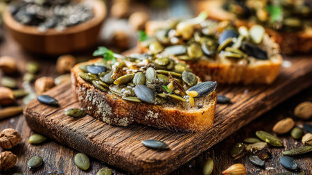Dark rye toast displayed on a wooden board with seeds and natural lightの素材