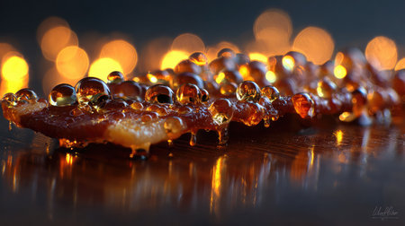 Artistic macro shot of bacon glistening with oil beads under directional lightの素材
