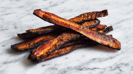 Charred, extra crispy bacon strips resting diagonally across a marble surfaceの素材