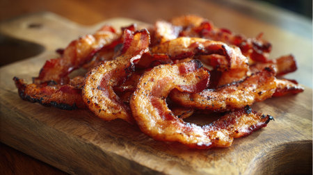 Bacon strips curled naturally into rustic shapes with rough char marks and crispy sheenの素材