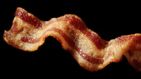 A single strip of curled bacon photographed close up for texture and detailの素材