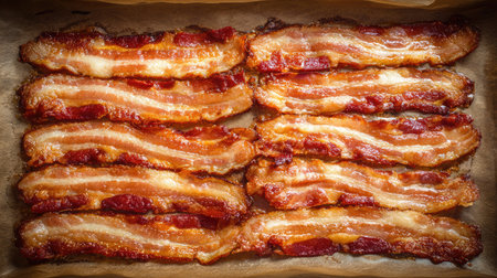 Crispy bacon laid out in neat rows on parchment paper, freshly baked and golden brownの素材