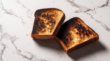 Burnt toast slightly blackened at the edges lying on a clean white counterの素材