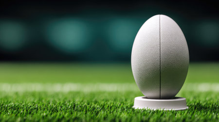 A clean rugby ball placed on a white kicking tee, set against a vibrant green fieldの素材