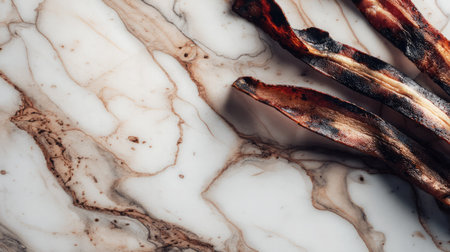 Charred, extra crispy bacon strips resting diagonally across a marble surfaceの素材