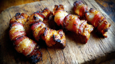 Bacon strips curled naturally into rustic shapes with rough char marks and crispy sheenの素材
