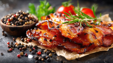 Freshly grilled bacon served on wax paper with a side of black peppercorns and herbsの素材