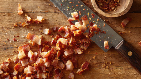 Crispy bacon cut into small bits on a butcher block with knife marks and crumbsの素材