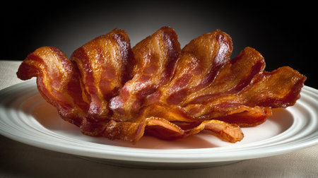 Arrangement of curled bacon slices in a fan shape on a white plate with high contrastの素材