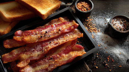 Crumbly bacon laid out on a breakfast tray with toast crumbs and seasoning dustの素材