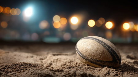 Clean rugby ball placed on sand, implying beach rugby setup with bright lightingの素材