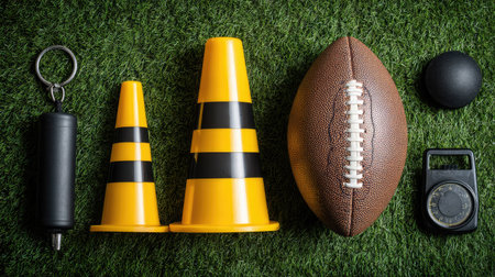Flat lay of rugby training setup with cones, whistle, and ball on a turf backgroundの素材