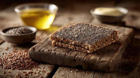 Dark rye toast displayed on a wooden board with seeds and natural lightの素材