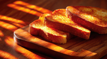 High contrast shot of toast with glowing golden hue and shadows creating depthの素材