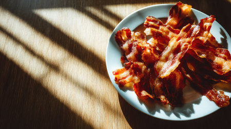 Bright morning light on a breakfast plate featuring golden bacon and minimal shadowsの素材