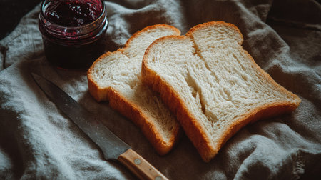 Crispy toast resting on a rustic linen napkin with a knife and jam jar nearbyの素材