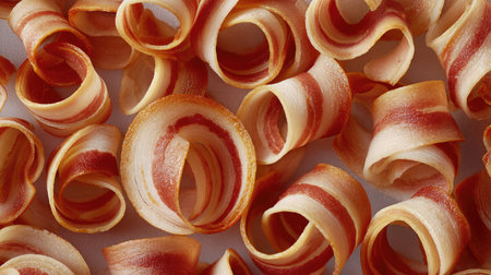 Artistic presentation of bacon curls shot from above with soft shadows and oil gleamの素材