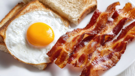 Bacon strips lined on a breakfast tray with eggs, toast removed for isolated baconの素材