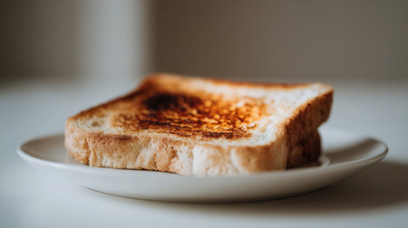 Isolated toast with golden crisp texture on a white plate against neutral backdropの素材