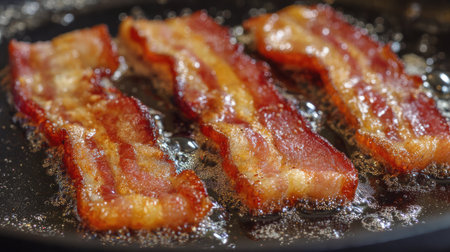 Fresh bacon crackling in a pan, mid-sizzle with bubbling fat and sharp detailの素材