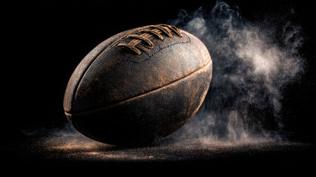 Creative studio shot of rugby ball with smoke or mist in backgroundの素材