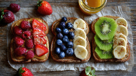 Flat lay of toast with minimal toppings placed neatly on parchment over wood surfaceの素材