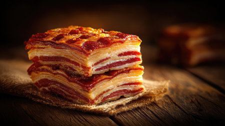 Juicy bacon slices folded and stacked with crispy texture and deep red tonesの素材