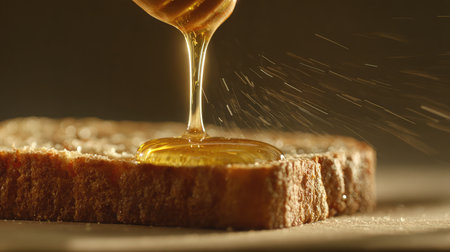 Honey being drizzled onto toast, frozen mid-pour with crispy texture in focusの素材
