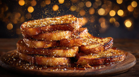 Golden brown toast slices stacked on a wooden plate with crumbs scattered aroundの素材
