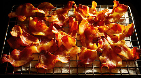 Hot bacon pieces resting on a cooling rack with paper towels soaking excess oil underneathの素材