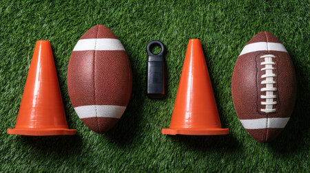 Flat lay of rugby training setup with cones, whistle, and ball on a turf backgroundの素材