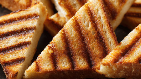 Close-up of toasted bread with visible grill lines and crispy golden textureの素材