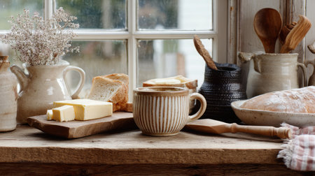 Morning toast beside a butter dish and wooden spreader, set in rustic kitchenの素材