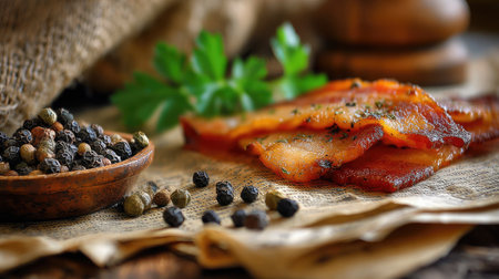 Freshly grilled bacon served on wax paper with a side of black peppercorns and herbsの素材