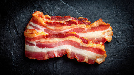Isolated bacon slice on black stone background, emphasizing its curl and textureの素材