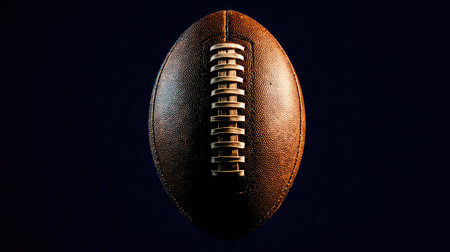 Minimalist shot of a single rugby ball on a dark surface with soft lighting from aboveの素材
